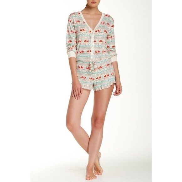 Wildfox Long Sleeve Snap-Button Front Waist-Tie Ruffled Shorts Romper Playsuit L - Picture 12 of 16